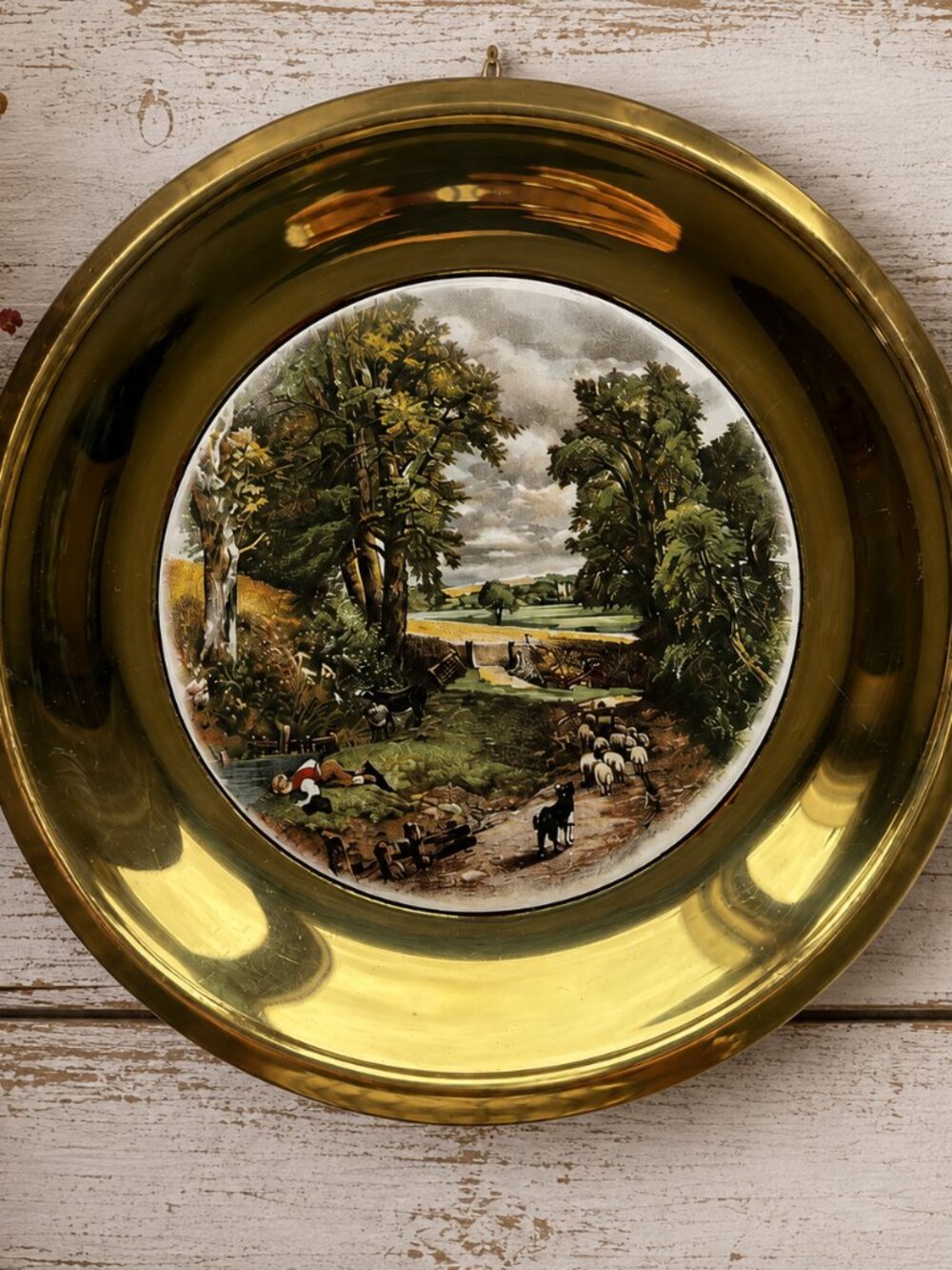 Vintage Made in England Brass Wall Plate Pastoral Countryside Sheep Scene 9.25”